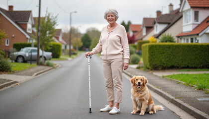 Elderly woman standing with a white cane on quiet street, serenity