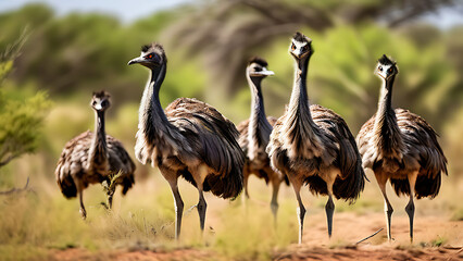 Cluster of Emu Heads with Expressive Eyes and Dark Feathers, Curious Gaze of Flightless Birds, Group Portrait