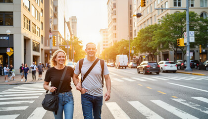 Joyful couple walking hand-in-hand across city street, urban connection