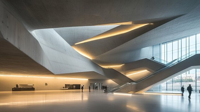 Modern interior with dramatic concrete walls, escalators, and soft lighting. People explore the architectural space