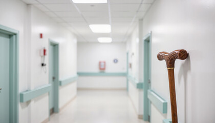 Intricately carved cane leaning in a quiet hospital hallway, symbolism of care