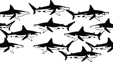Black and white silhouette pattern of hammerhead sharks, seamless marine vector design, underwater ocean predator illustration, aquatic wildlife background for sea-themed creative projects