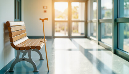 Cane resting by empty hospital bench in afternoon light, solitude