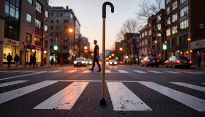 Cane emphasizing crosswalk on urban sidewalk at dusk, safety awareness