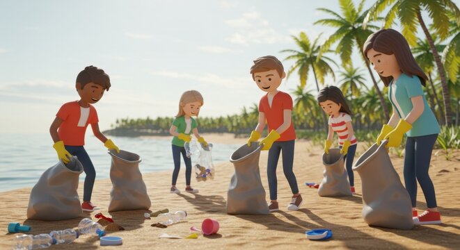 Cartoon Children Cleaning Beach Pollution: A Collaborative Effort for Environmental Conservation