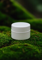 Unbranded white cosmetic pot, elevated by its placement among natural green moss.

