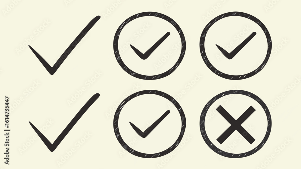 Poster hand drawn checkmarks and cross in circles on light background tick