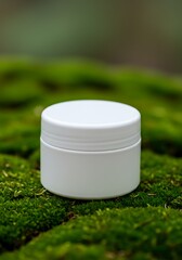 Clean white beauty product container, creatively displayed in a natural, organic setting.


