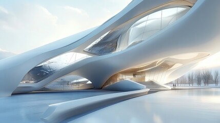 Futuristic, flowing white building with curved glass, water feature, and a serene, icy landscape