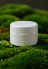 Minimalist white moisturizer jar, artfully placed within lush green moss for an earthy feel.

