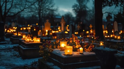Cemetery illuminated by candles and flowers during All Souls' Day celebration