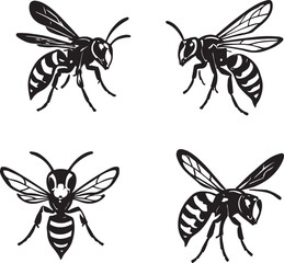 Black and White Illustration of Four Different Wasp Silhouettes on a White Background for Design Elements