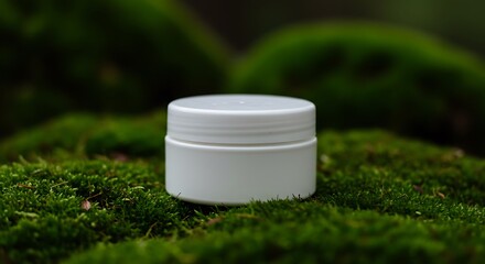 Product shot of a simple white jar, beautifully contrasted with a rich, natural mossy backdrop.

