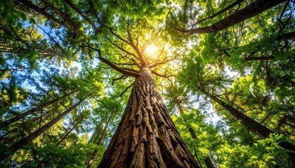 Obraz premium Sunlight streams through a dense forest canopy