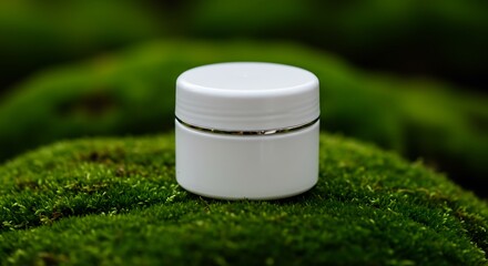 Small white cosmetic container on a soft bed of moss, emphasizing organic skincare.

