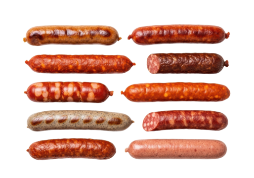 Gourmet sausages: bratwurst, chorizo, Italian. Caramelized, firm, natural casings, reddish-browns, smoky greys, deep reds. Arranged on a transparent shadowless background, high-angle macro shot, sharp