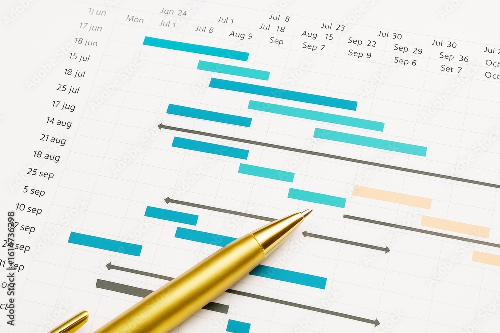 Poster project timeline chart with gantt-style bar schedule and golden pen on light background for industry
