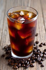 Flatlay Cold Brew Coffee Ice Cubes Coffee Beans Rustic Surface