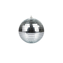 Fototapeta premium Shiny silver disco ball with shiny reflective glass discs, perfect for parties, clubs on a white background