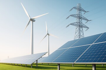 Solar panels, wind turbines, and power lines symbolizing clean energy industry and sustainability concept on bright sky background.