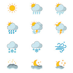Obraz premium Collection of Weather Icons Representing Diverse Atmospheric Conditions And Forecasting Elements