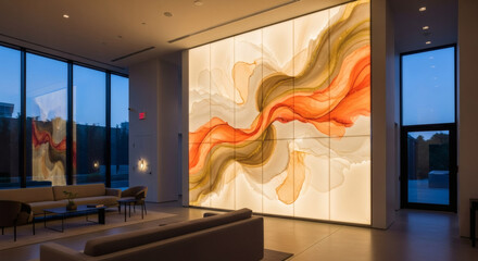 Elegant modern lobby featuring a large, backlit abstract art wall with flowing orange and gold designs, creating a sophisticated ambiance.