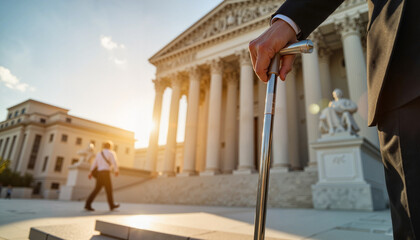 Businessman gripping a cane on courthouse steps at sunset, resilience