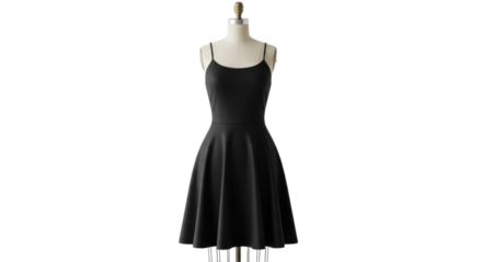 Elegant black spaghetti strap midi dress with a flared pleated skirt displayed on a mannequin isolated on transparent background