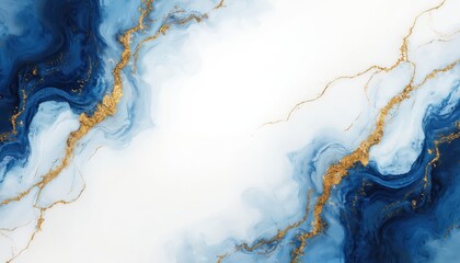 Abstract texture merges deep blue, white with glistening gold veins. Luxurious marble-like design offers opulent, high-end visual. Dynamic swirls create theatrical, illuminated effect perfect for