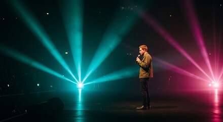 Fototapeta premium Solo Performer on Stage, Caught Between Dramatic Teal and Magenta Light Beams
