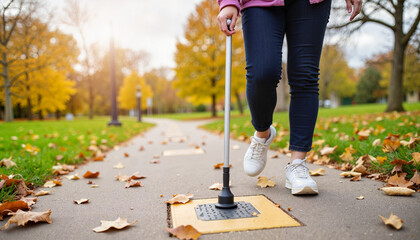 Visually impaired individual navigating sidewalk with cane, autumn awareness