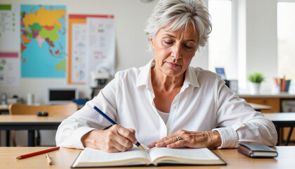 Mature woman engaged in learning braille in classroom, education symbol