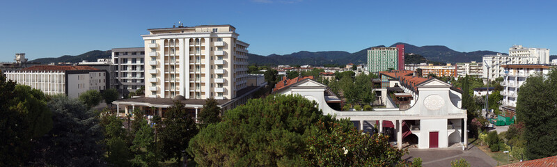Cityscape of Abano Terme, Veneto, Italy, featuring luxury hotels specializing in thermal spas.