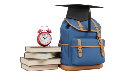 Blue backpack with graduation cap on top of stack of books and alarm clock isolated on transparent background