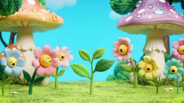 Animated baby plant dancing as it grows, in a whimsical garden with singing flowers and colorful mushrooms"