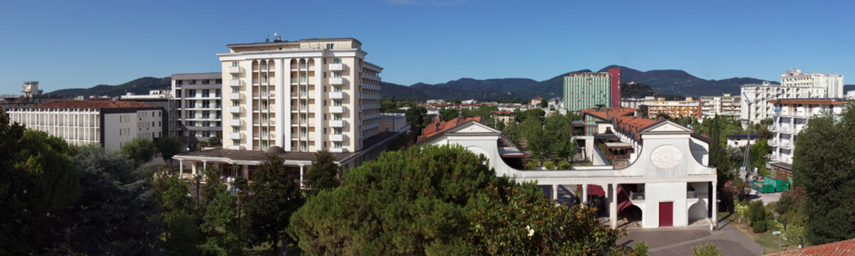 Cityscape of Abano Terme, Veneto, Italy, featuring luxury hotels specializing in thermal spas.