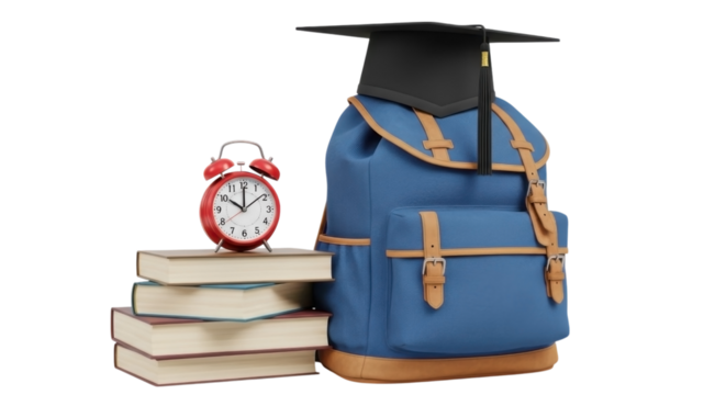 Blue backpack with graduation cap on top of stack of books and alarm clock isolated on transparent background - Powered by Adobe