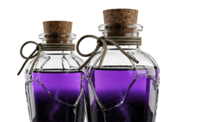 Two antique glass bottles filled with vibrant purple liquid and cork stoppers isolated on transparent background