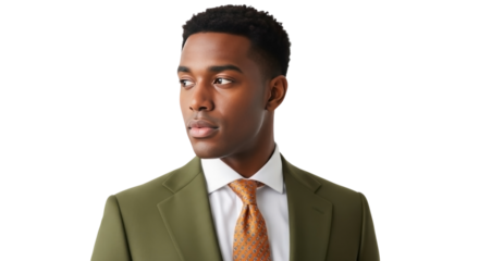 Professional young black man wearing a stylish olive green suit and orange tie looking to the side isolated on transparent background