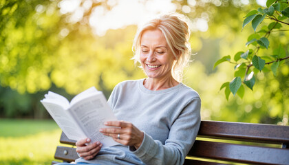 Smiling woman reading on park bench under trees, tranquility
