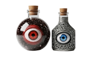 Two spooky glass bottles containing realistic eyeballs with cork stoppers isolated on transparent background