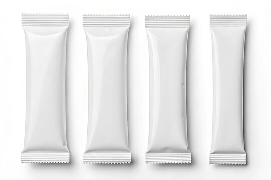 Four blank white stick packet sachets isolated on a white background