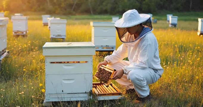 Beekeeper inspecting beehive outdoors