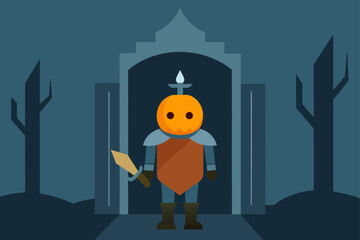pumpkin headed knight guarding misty forest gate