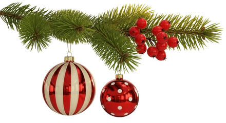 Festive christmas tree branch adorned with traditional red and white striped and polka dot baubles isolated on transparent background