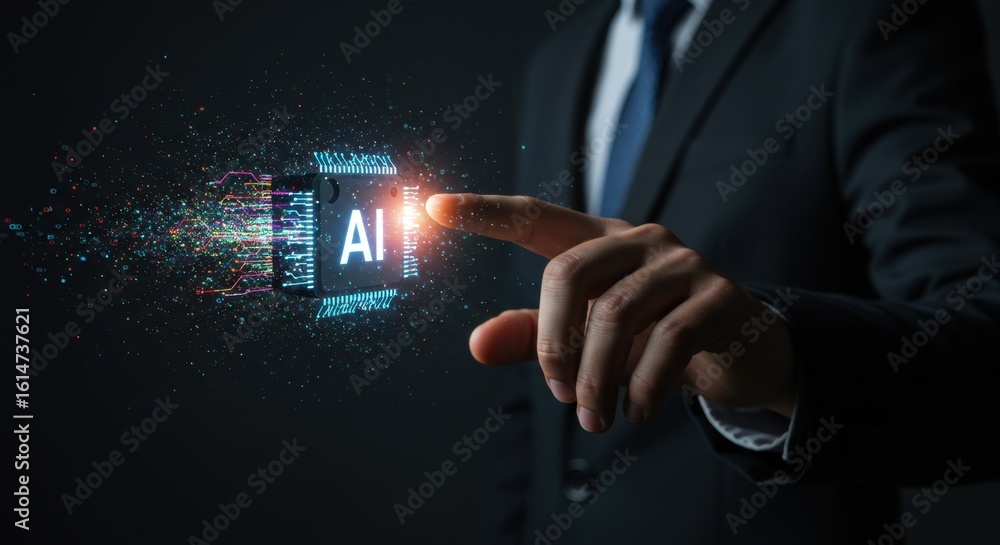 Poster artificial intelligence innovation: businessman interacting with ai microchip technology
