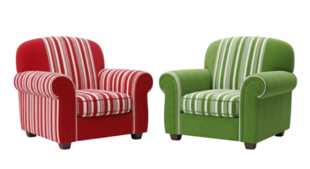 Two vintage striped armchairs one red and one green isolated on transparent background
