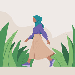 Illustration of a woman in a hijab walking through tall grass with a neutral background and purple accents