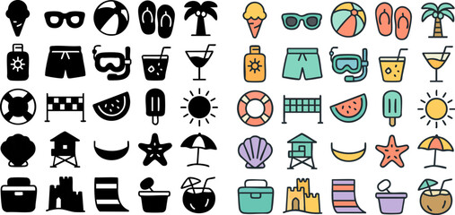 Colorful Summer Beach Vacation Travel Icons Set.