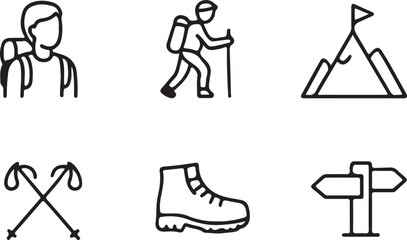 Set of hiking icons representing outdoor adventure backpacking and mountain climbing themes for travel and outdoor activities isolated on white